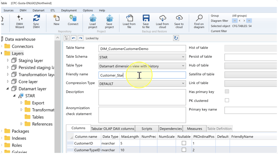 Table definition with the Friendly name field being edited and the Columns tab below.