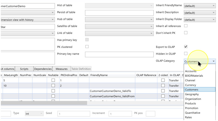 Open OLAP Category list showing categories including Customers, Geography, and Products.