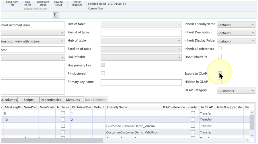 Pointer over Export to OLAP, with Hidden in OLAP and OLAP Category below it.