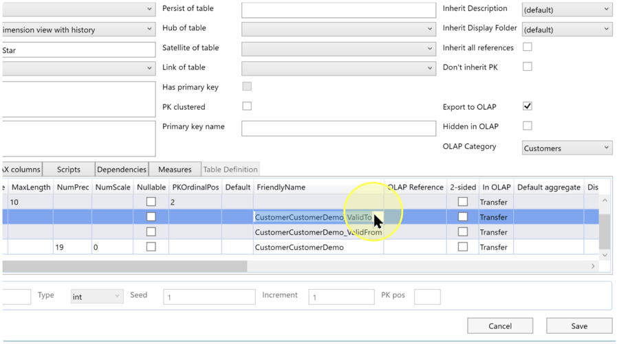 Columns grid with a FriendlyName cell selected and adjacent OLAP settings visible.