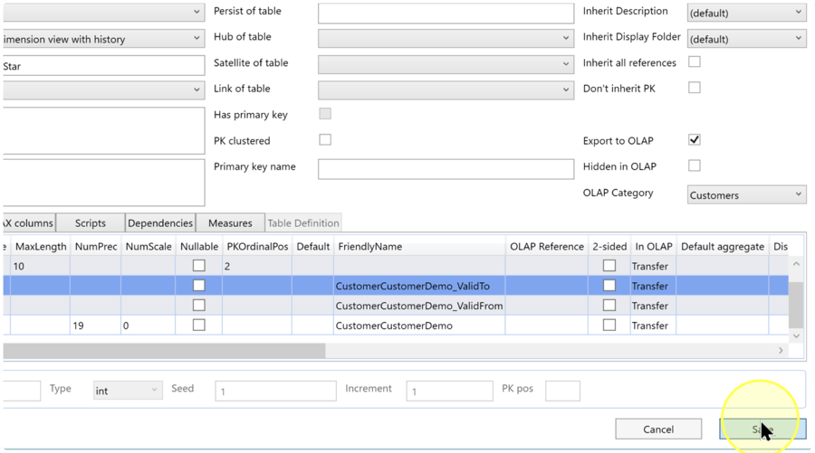 Save button highlighted below the Columns grid.