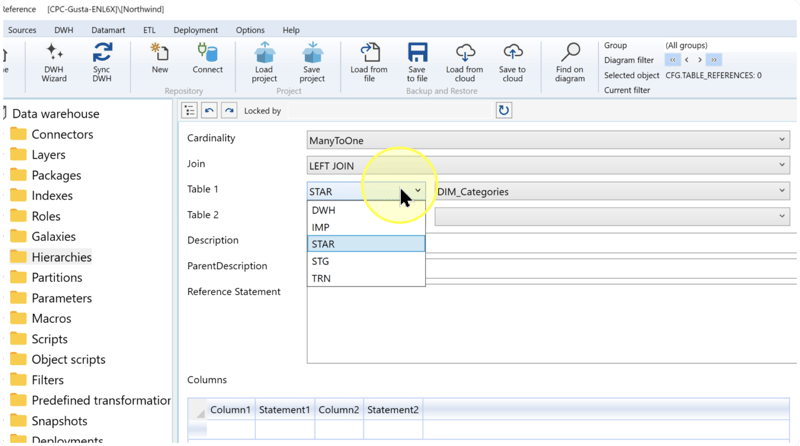 Reference page with the Table 1 schema list open, STAR selected, and DIM_Categories displayed.