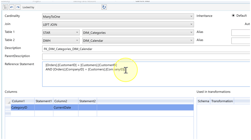Reference Statement field containing two Orders/Customers comparisons, with DIM_Categories and DIM_Calendar selected above.