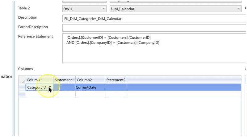 Columns grid showing Column1, Statement1, Column2, and Statement2, with the Column1 selector highlighted.