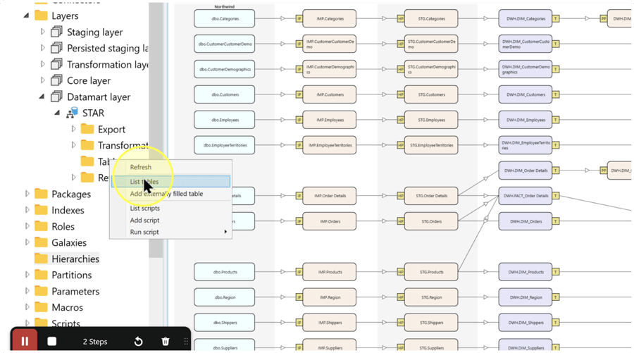 Tables context menu with List tables highlighted.