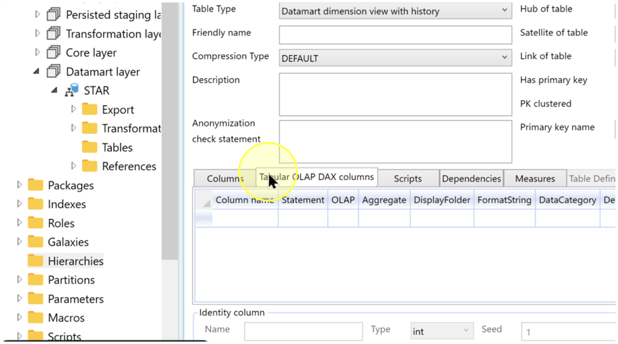 Table editor with Tabular OLAP DAX columns selected and an empty calculated-column grid.
