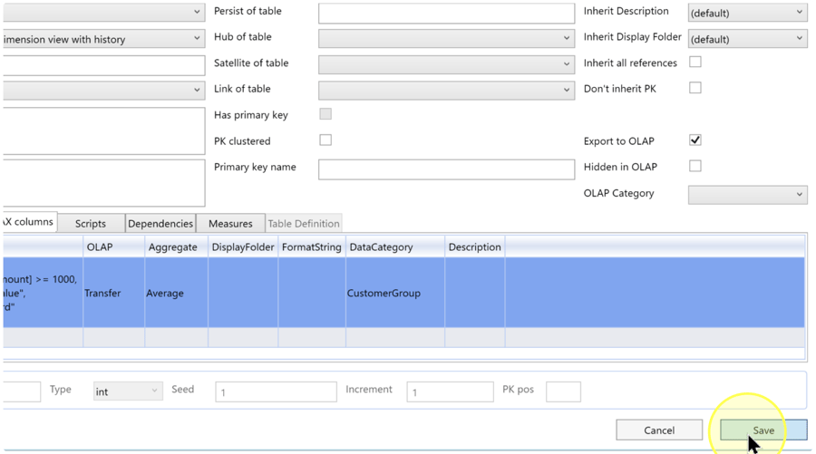 Bottom of the table editor with calculated-column settings visible and the Save button highlighted.