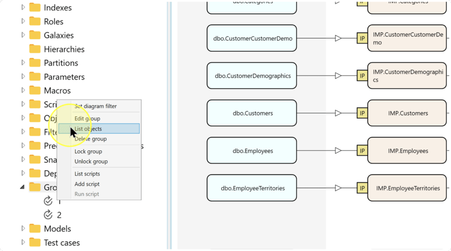 Object group context menu with List objects highlighted.