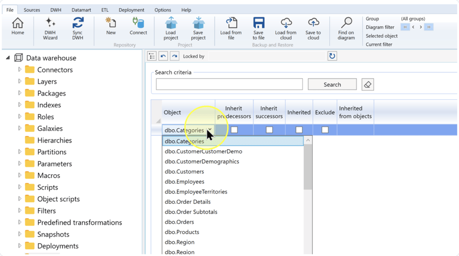 Object dropdown expanded in the membership list, showing schema-qualified object names.