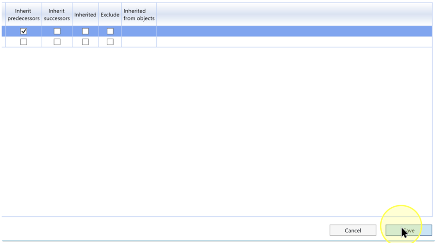 Bottom of the object list with Save highlighted beside Cancel.