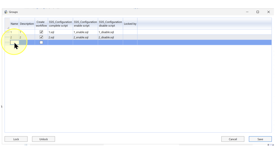 Groups dialog with Name, Description, Create workflow, three script filename settings, and the Locked by column.