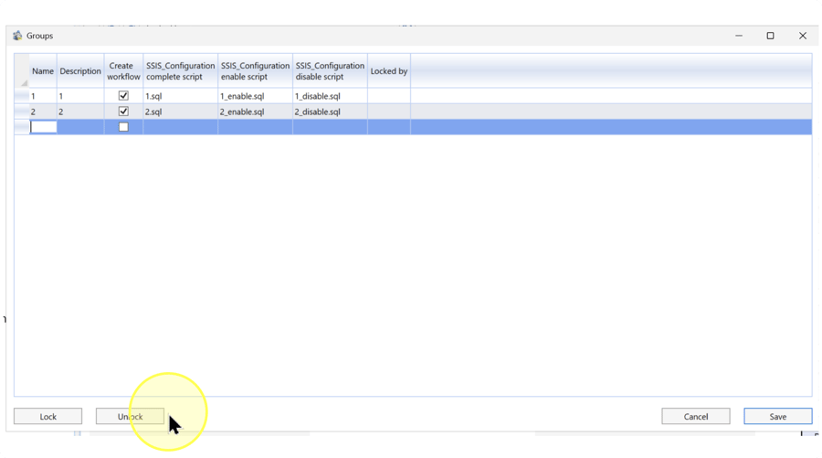 Lock and Unlock buttons beneath the group list, with the pointer beside Unlock and the Locked by cells blank.