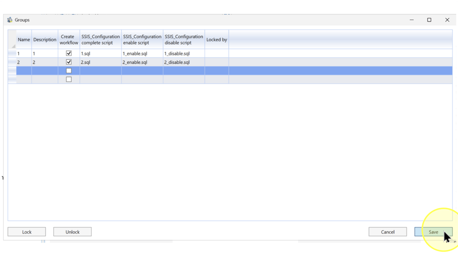 Save button highlighted at the lower right of the Groups dialog.