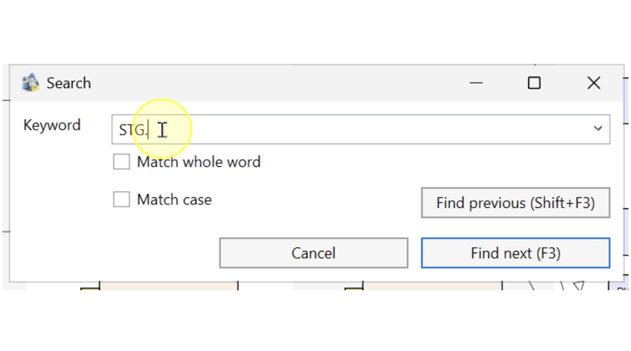 Search dialog with STG. in Keyword and Match whole word and Match case unchecked.