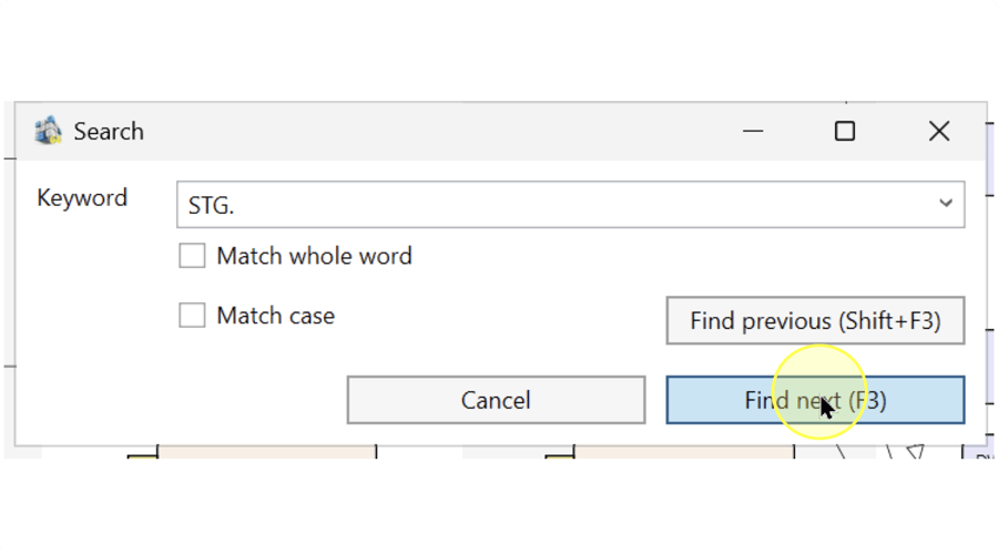 Search dialog with Find next (F3) highlighted.