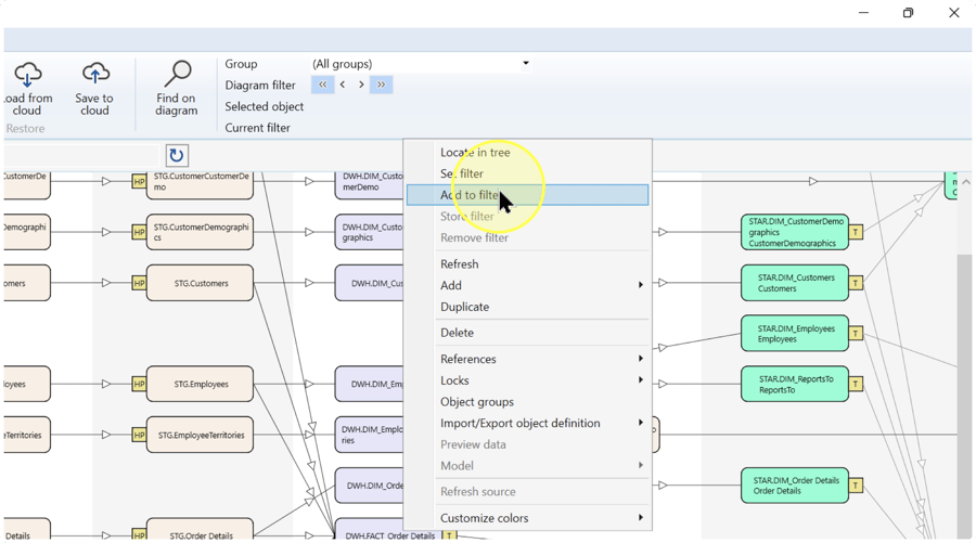 Diagram object context menu with Add to filter highlighted.