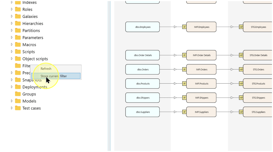 Filters folder in the navigation tree with Store current filter highlighted in its context menu.
