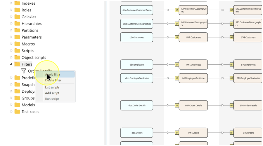 Filters expanded with the example Order Details entry and Apply filter highlighted in its context menu.