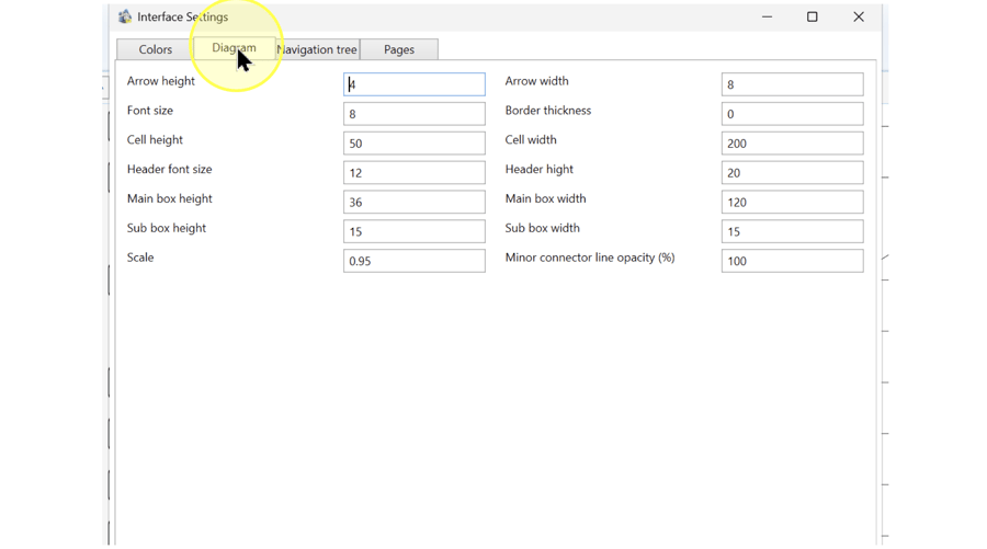 Review the setting categories. Screenshot values are examples.