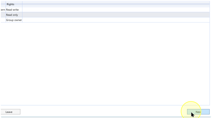 Lower part of the user group list showing the Rights column, Leave button, and highlighted New button.