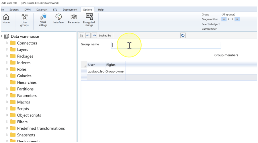 Add user role page with an empty Group name field and the Group members table below it.
