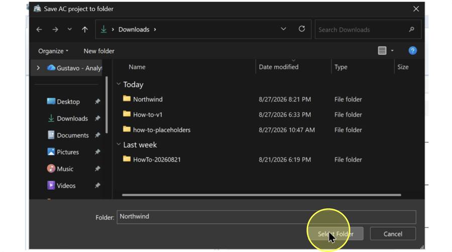 Save AC project to folder dialog showing Northwind in the Folder field and Select Folder highlighted.
