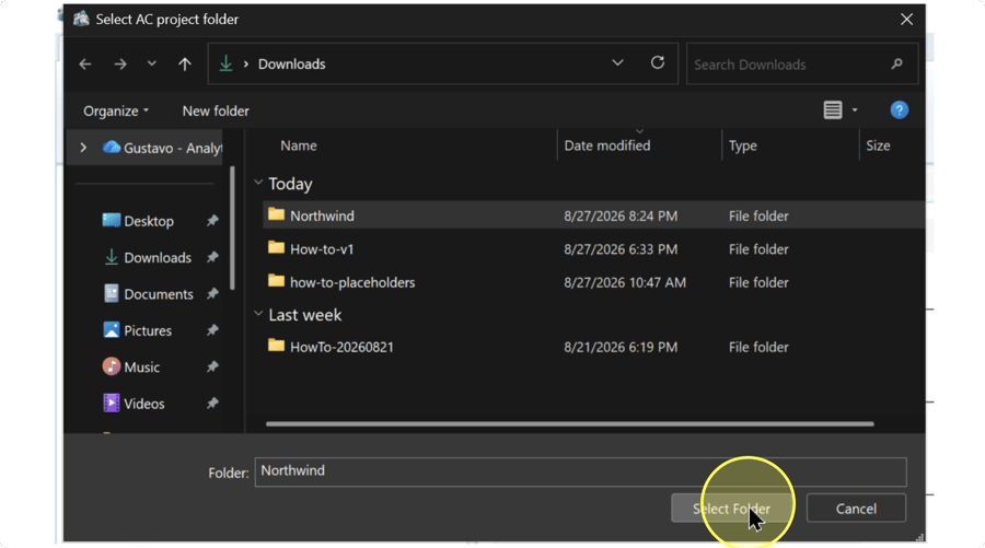 Select AC project folder dialog with the example Northwind folder selected and Select Folder highlighted.
