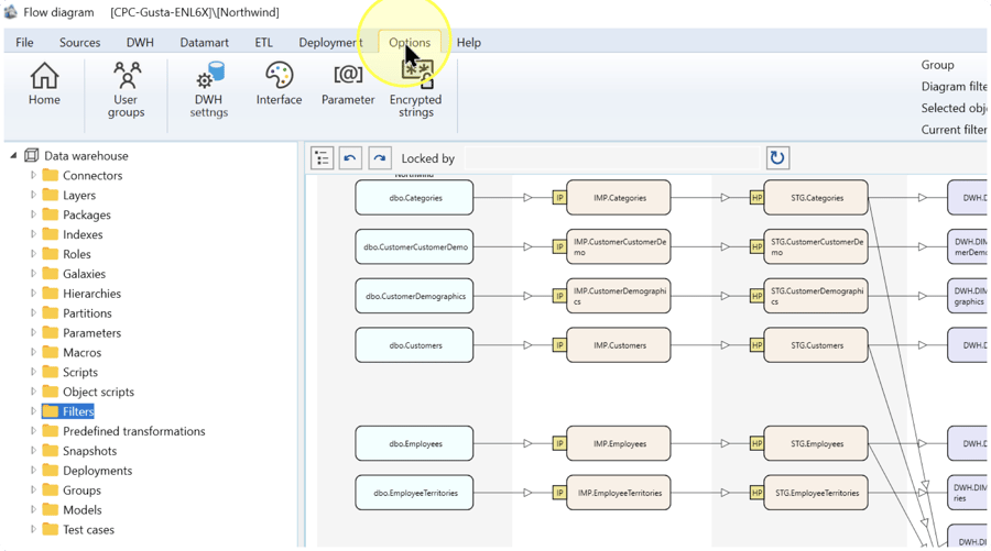 AnalyticsCreator toolbar with the Options tab highlighted above the project diagram.
