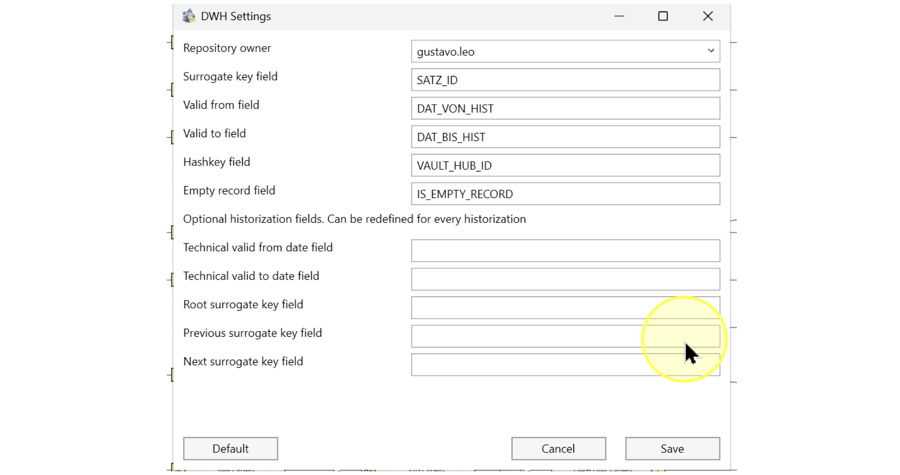 DWH Settings dialog showing the repository owner, five common service-field names, and five blank additional historization fields.