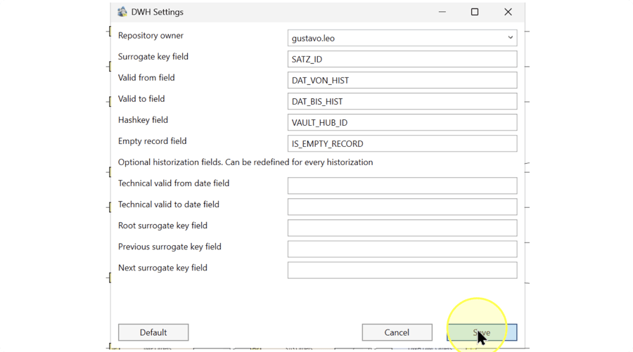Save button highlighted at the bottom right of the DWH Settings dialog.