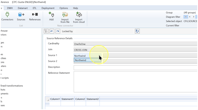 Source 1 Connector selector open with Northwind shown; adjacent source-object fields are empty.
