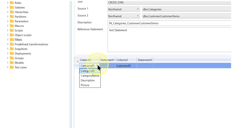 Column1 selector open beside Column2; the example row pairs CategoryID with CustomerID and has blank statement cells.
