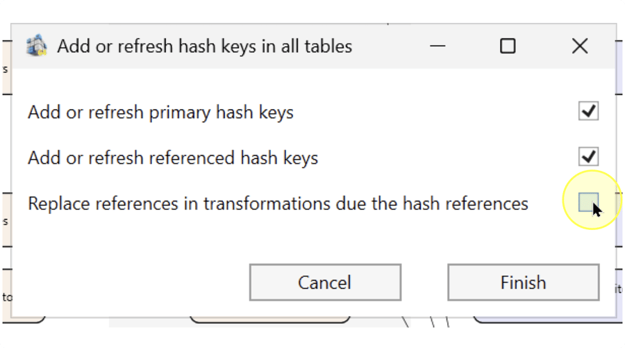 Wizard showing both key-maintenance checkboxes selected and Replace references in transformations due the hash references beneath them.