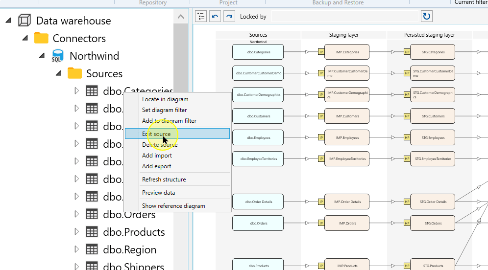 Edit source in the dbo.Categories context menu