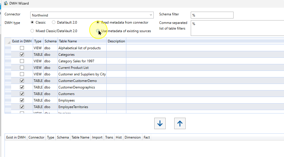 Use metadata of existing sources in the DWH Wizard