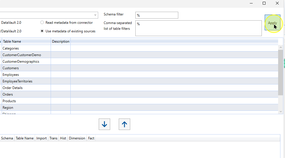 Apply the metadata filters in the DWH Wizard