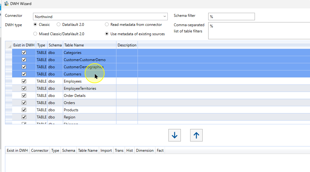 Source rows selected for object configuration