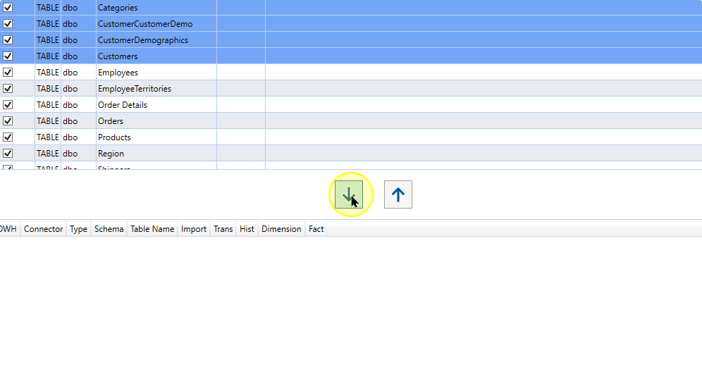Move the selected source rows into the configuration list