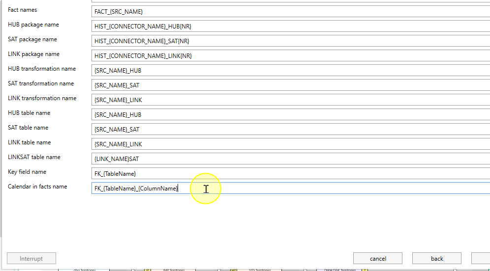 Additional DWH naming settings