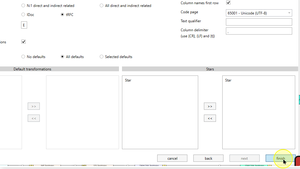 Finish on the later DWH options page