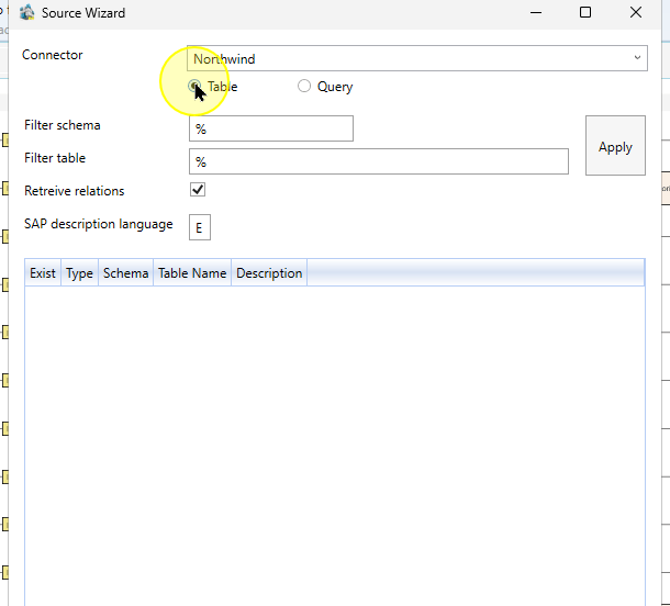 Table mode in Source Wizard