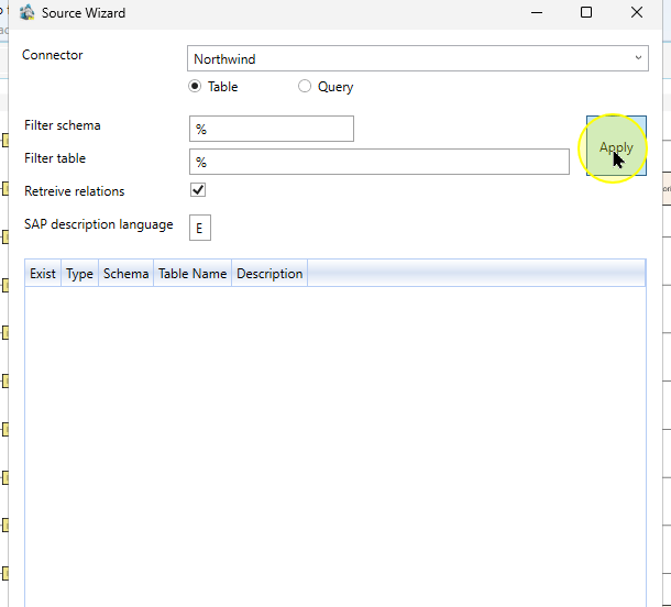 Apply the schema and table filters