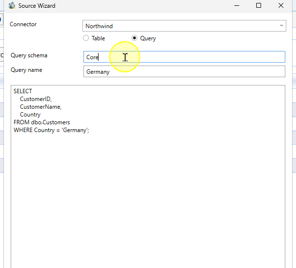 Query schema and name in the query definition
