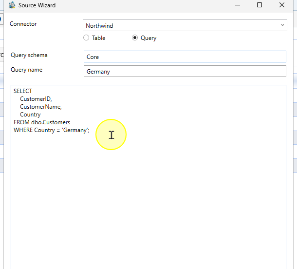 SQL text for the example query source