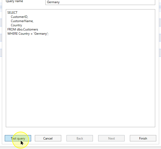 The Test query control beneath the query definition