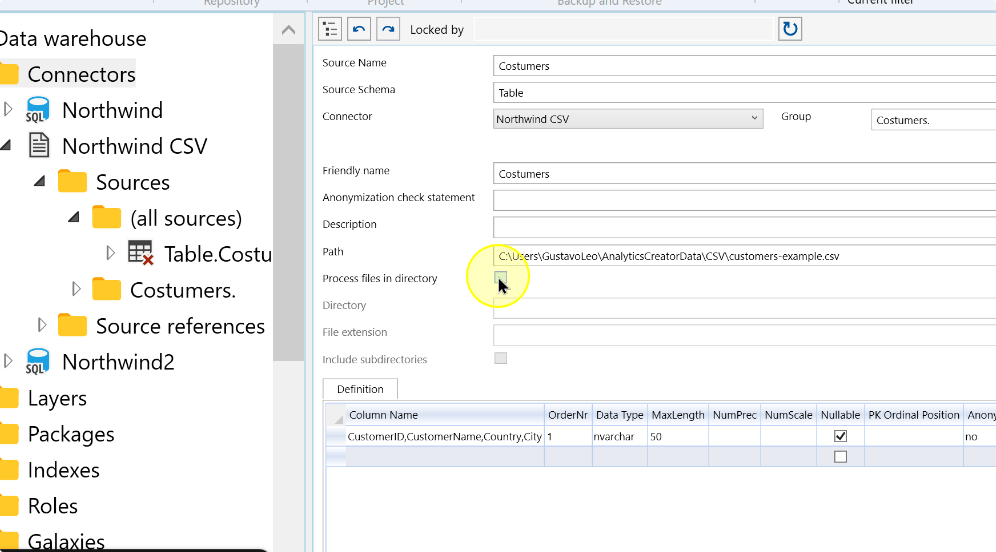Enable Process files in directory on the CSV source