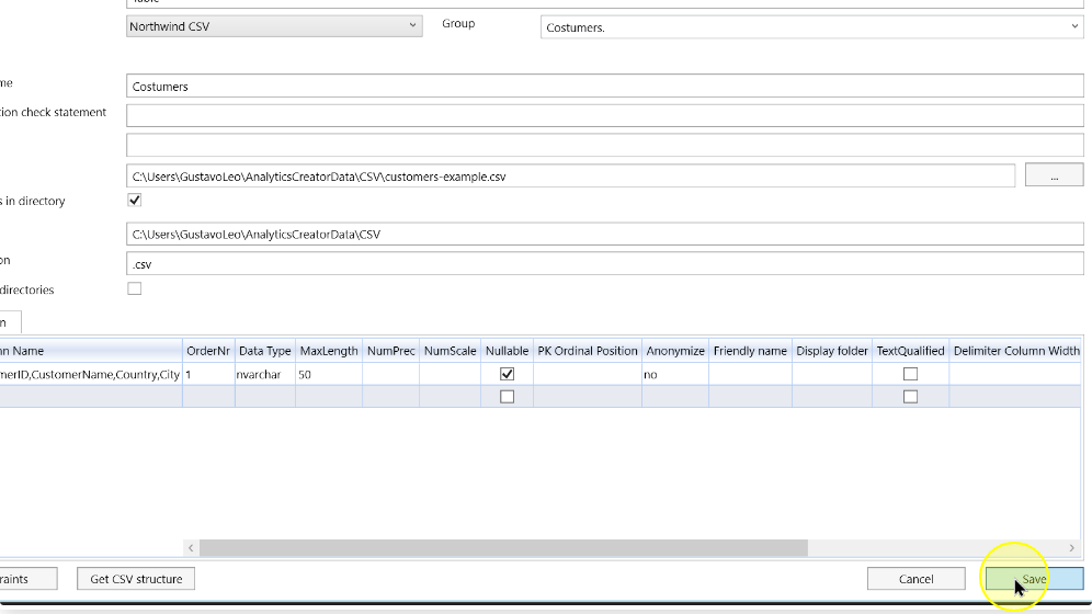 Save the CSV directory-processing settings