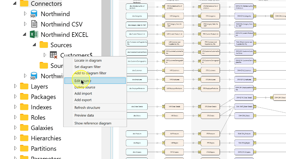 Edit source in the Excel source context menu