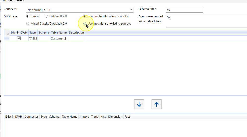Choose the metadata source in the DWH Wizard