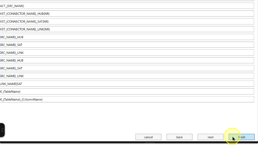 Finish the selected DWH creation workflow